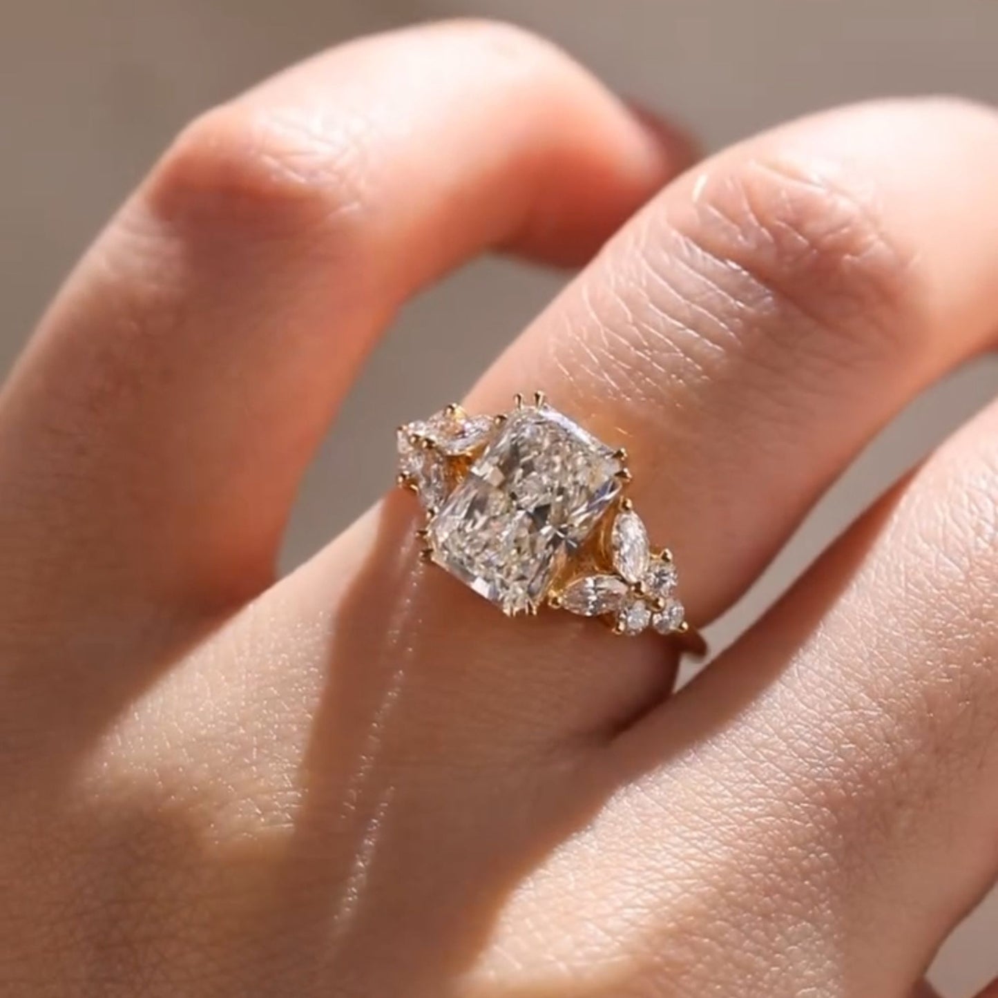 3.52 CT Radiant Cut Diamond Wedding Ring A Solid Gold Band Featuring Marquise And Round Side Stone A Floral Cluster Design Vintage Elegance
