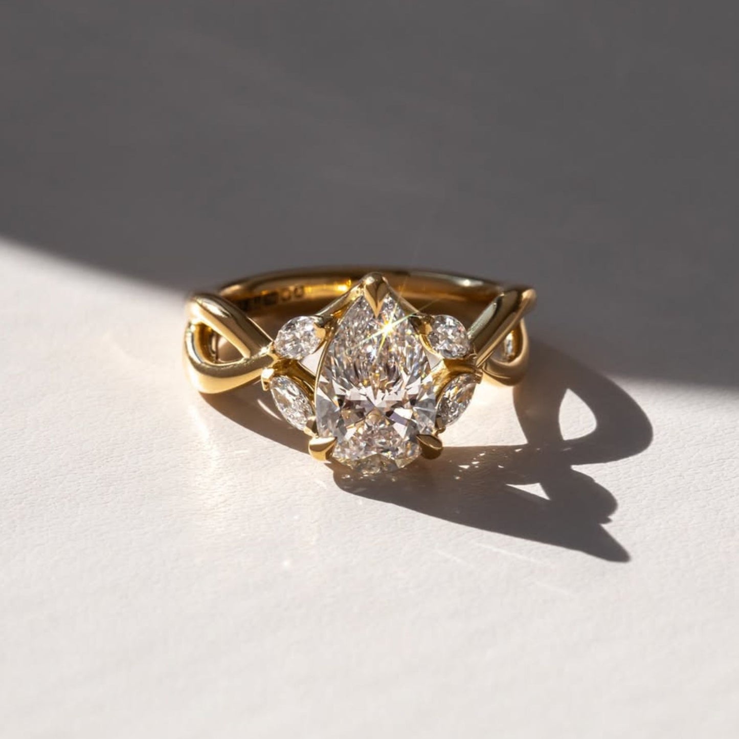 4.1 CT Pear Cut Engagement Ring, Infinity Twist Gold Ring