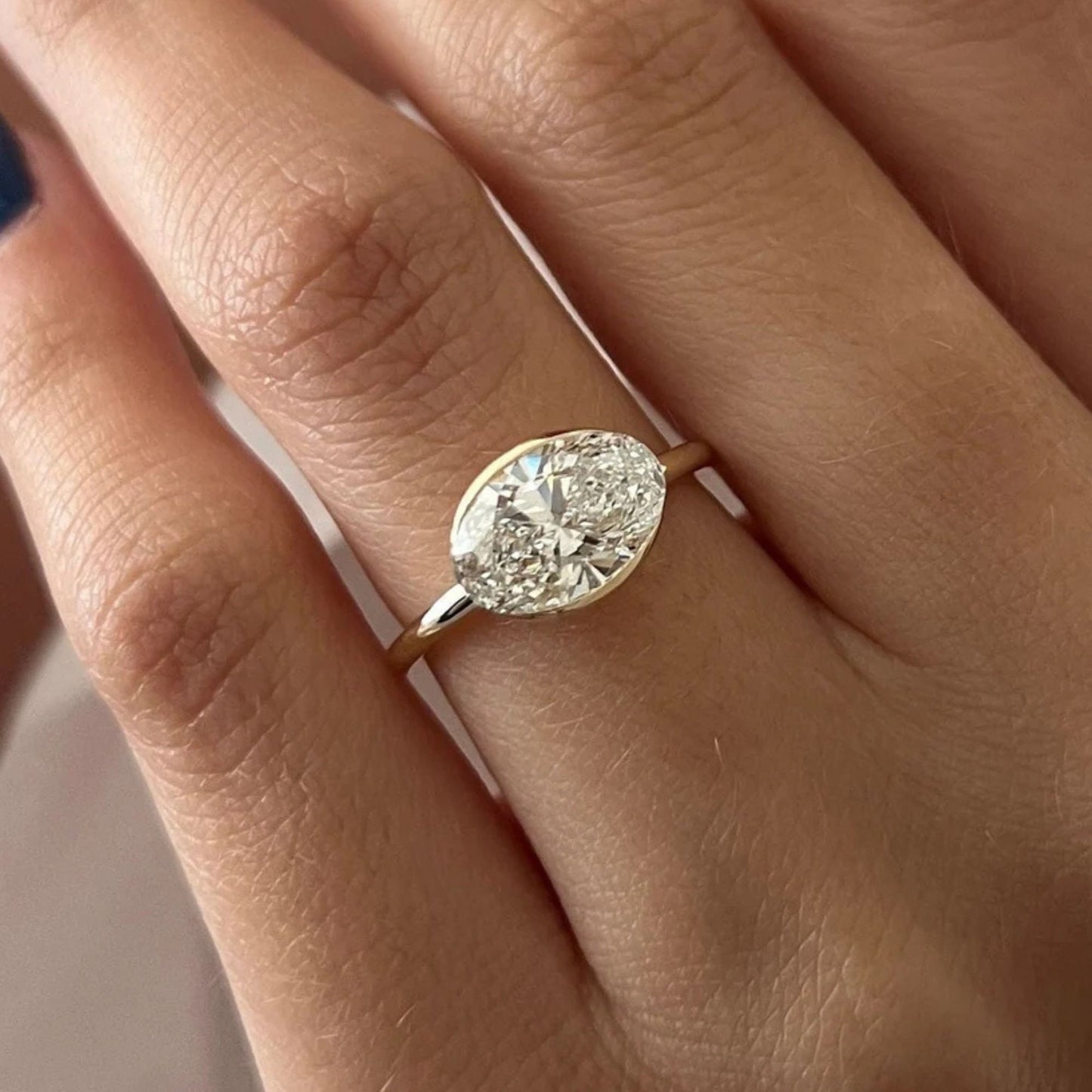 East to West 3.09 CT Oval Engagement Ring in Half Bezel Set Engagement Solitaire Ring, Open Gallery Diamond Ring