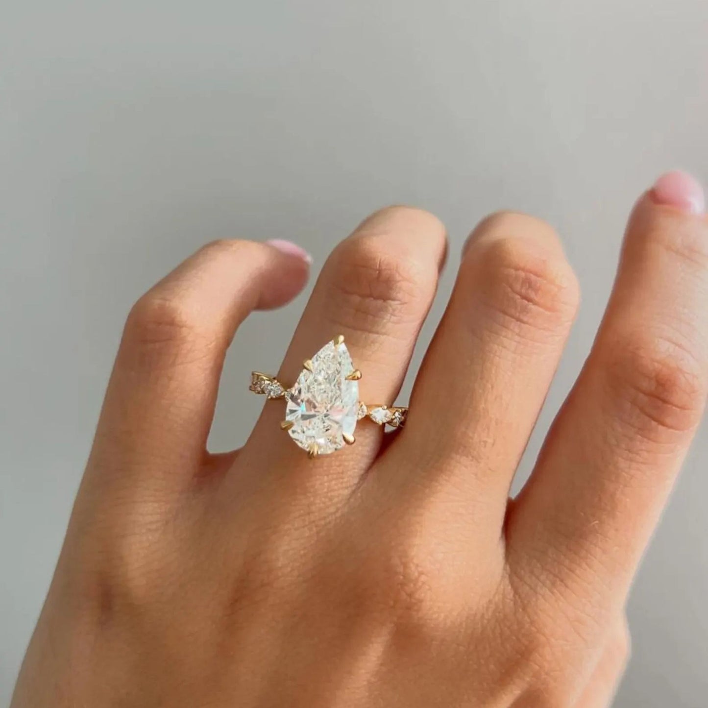 3 Carat Pear Shaped Engagement Ring | Side Stone Marquise & Round Pave Band | Unique Wedding Ring For Her