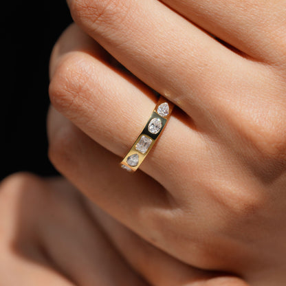 Gold Band Ring Featuring Mix Of Bezel-Set Diamonds Including Oval, Pear And Emerald Cuts Creating A Modern And Luxurious Multi-Shape Design