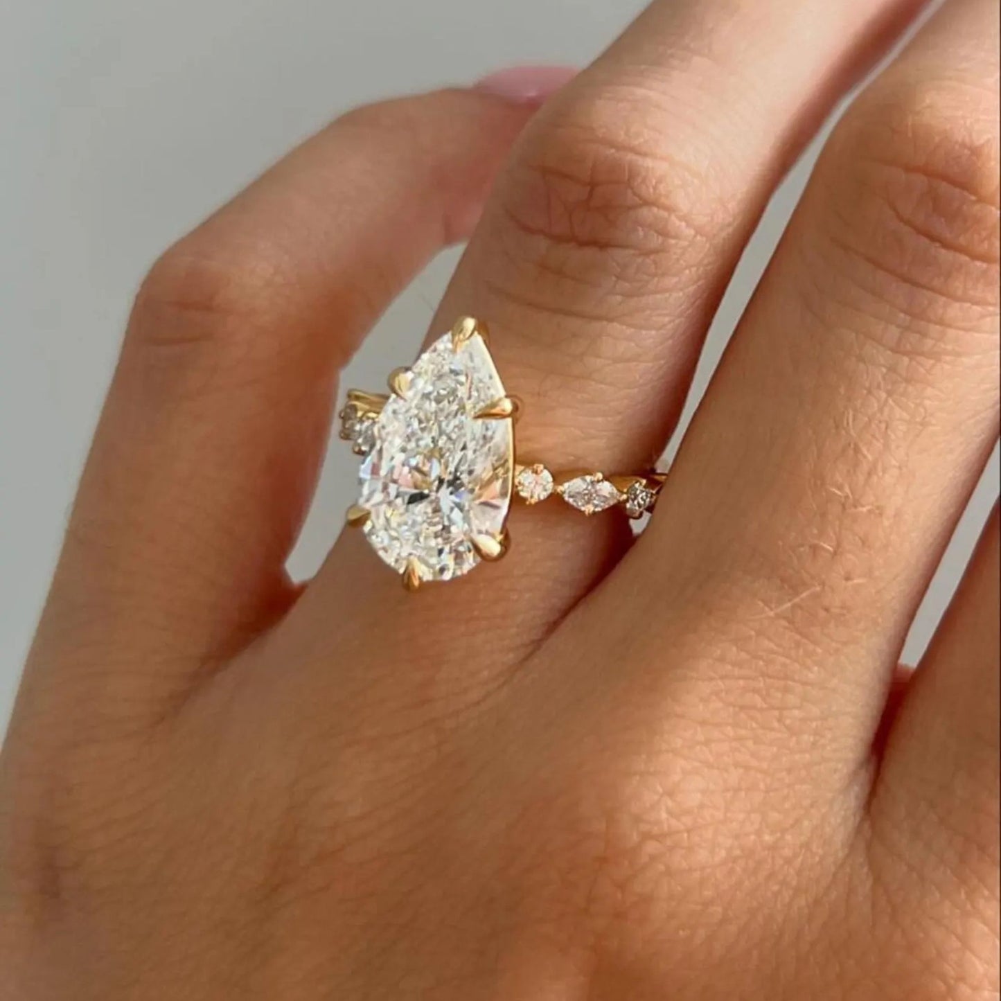 3 Carat Pear Shaped Engagement Ring | Side Stone Marquise & Round Pave Band | Unique Wedding Ring For Her