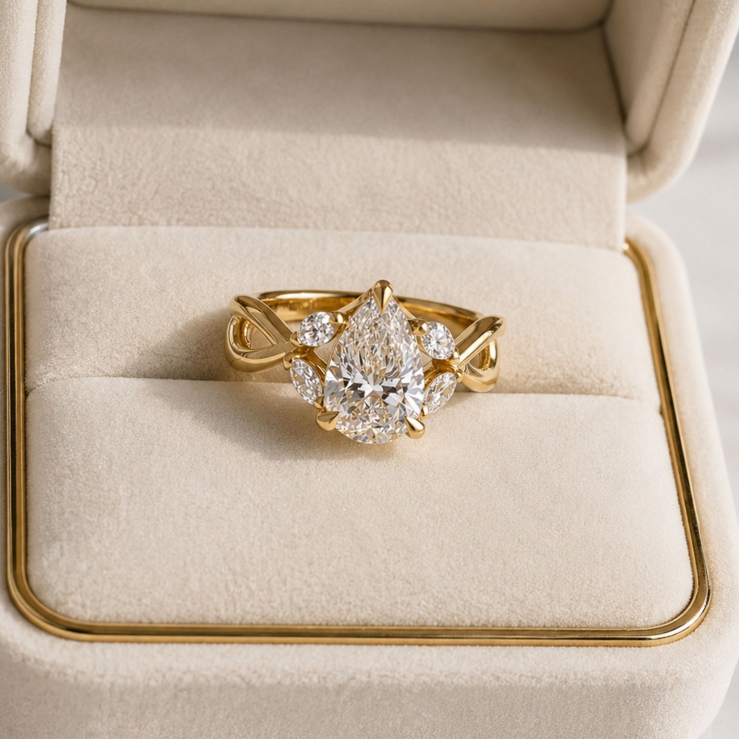 4.1 CT Pear Cut Engagement Ring, Infinity Twist Gold Ring