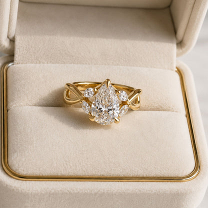 4.1 CT Pear Cut Engagement Ring, Infinity Twist Gold Ring