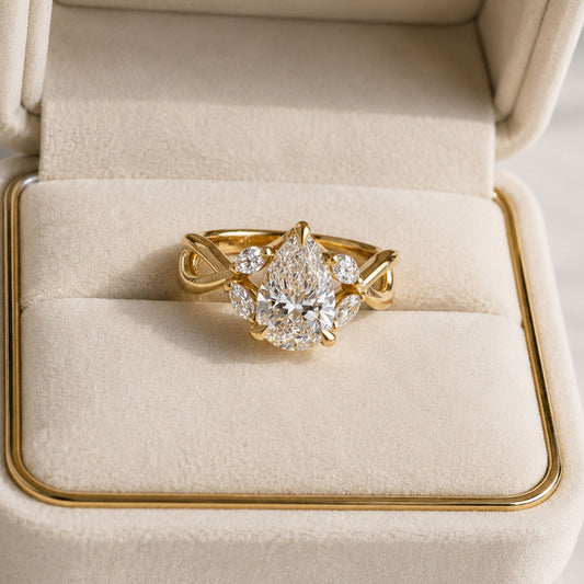 4.1 CT Pear Cut Engagement Ring, Infinity Twist Gold Ring