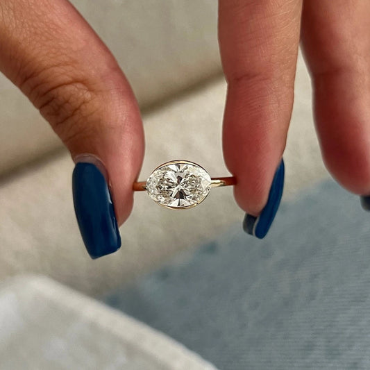 East to West 3.09 CT Oval Engagement Ring in Half Bezel Set Engagement Solitaire Ring, Open Gallery Diamond Ring