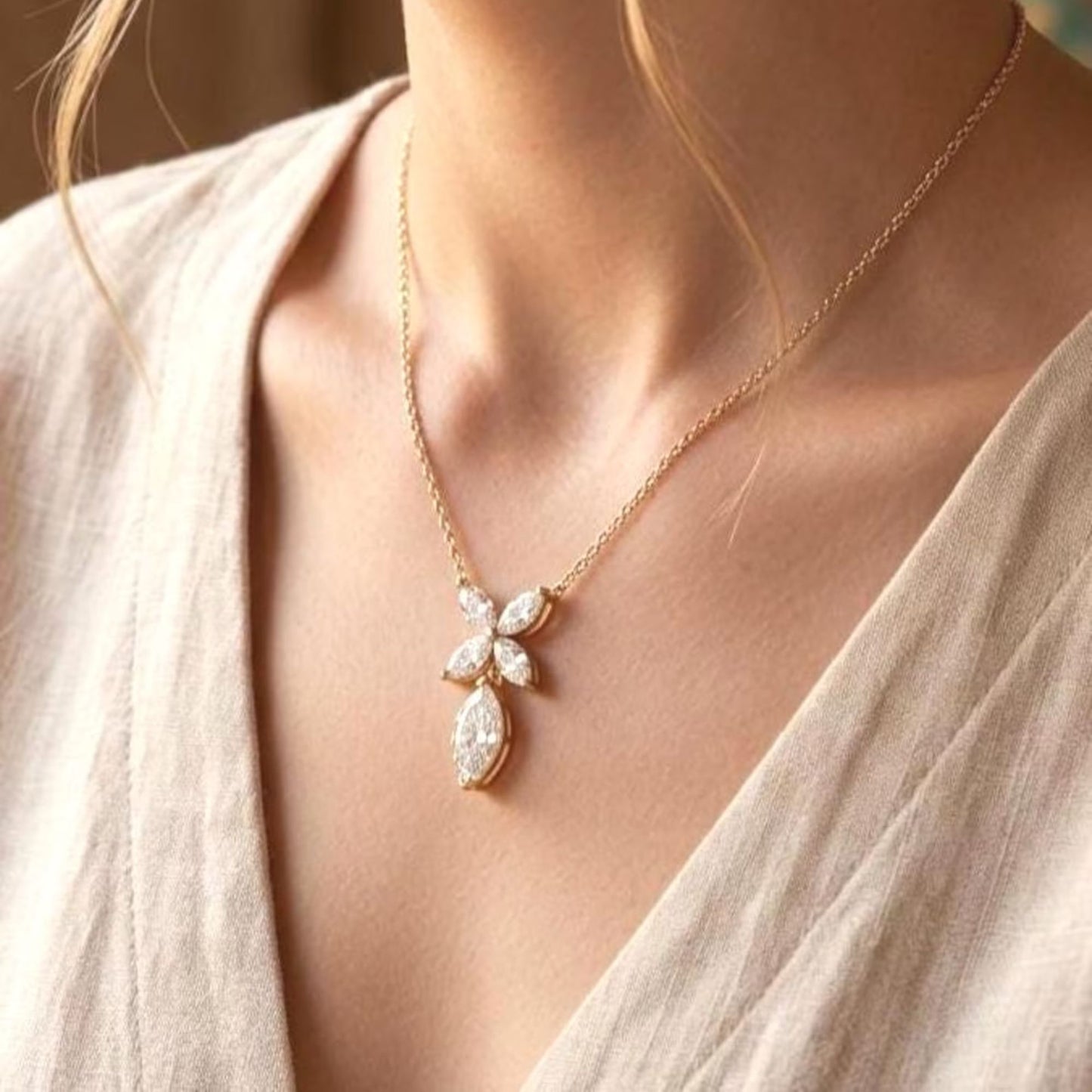 Marquise Floral Drop & Flower Pendant Necklace