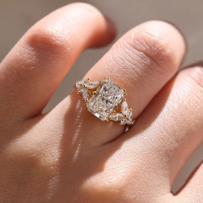 3.52 CT Radiant Cut Diamond Wedding Ring A Solid Gold Band Featuring Marquise And Round Side Stone A Floral Cluster Design Vintage Elegance