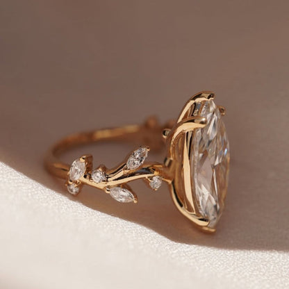 Floral Style 4.52 CT Marquise Cut Engagement Ring Leaf Vine Gold Band, Nature Inspired Marquise Solitaire Ring