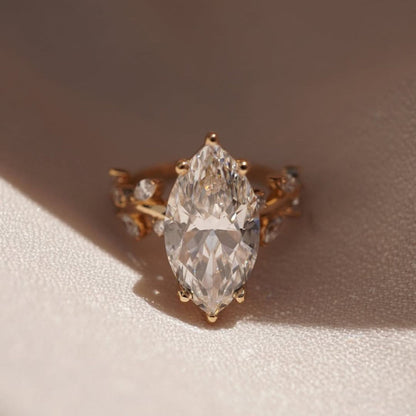 Floral Style 4.52 CT Marquise Cut Engagement Ring Leaf Vine Gold Band, Nature Inspired Marquise Solitaire Ring