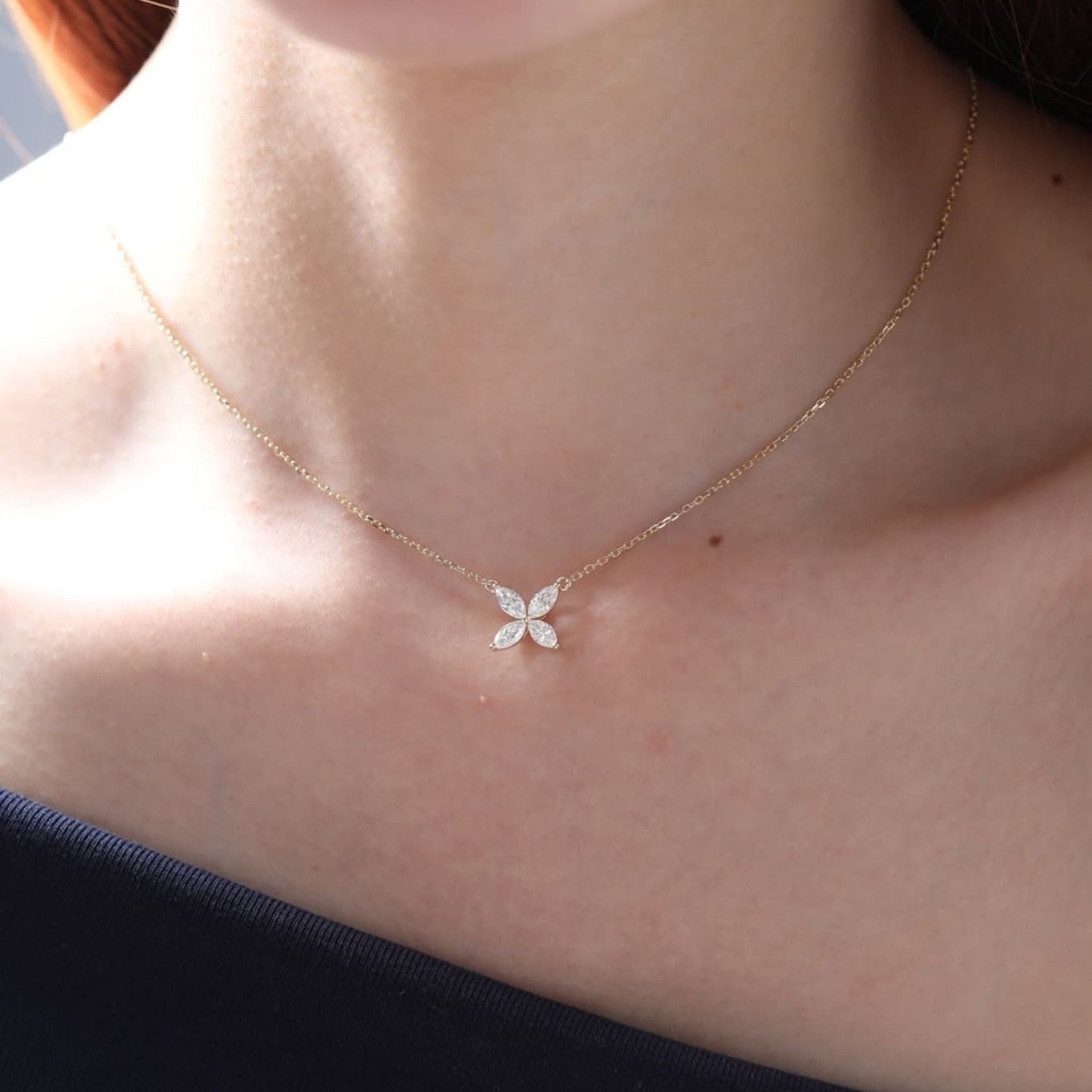 Marquise Cut Necklace, Flower Pendant Necklace, Floral Diamond Necklace, Gold Necklace, Bridesmaid Gift
