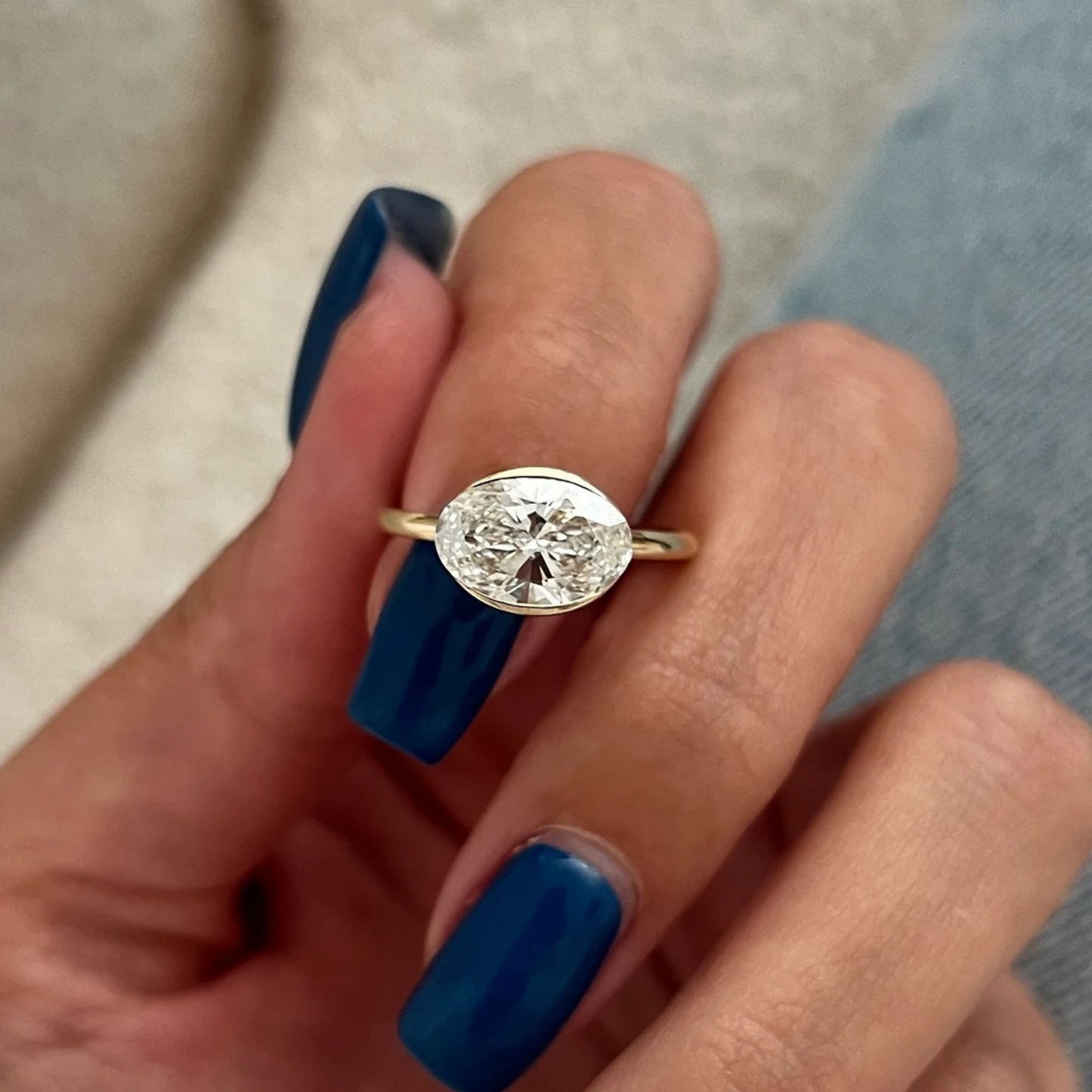 East to West 3.09 CT Oval Engagement Ring in Half Bezel Set Engagement Solitaire Ring, Open Gallery Diamond Ring