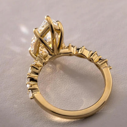 3 Carat Pear Shaped Engagement Ring | Side Stone Marquise & Round Pave Band | Unique Wedding Ring For Her
