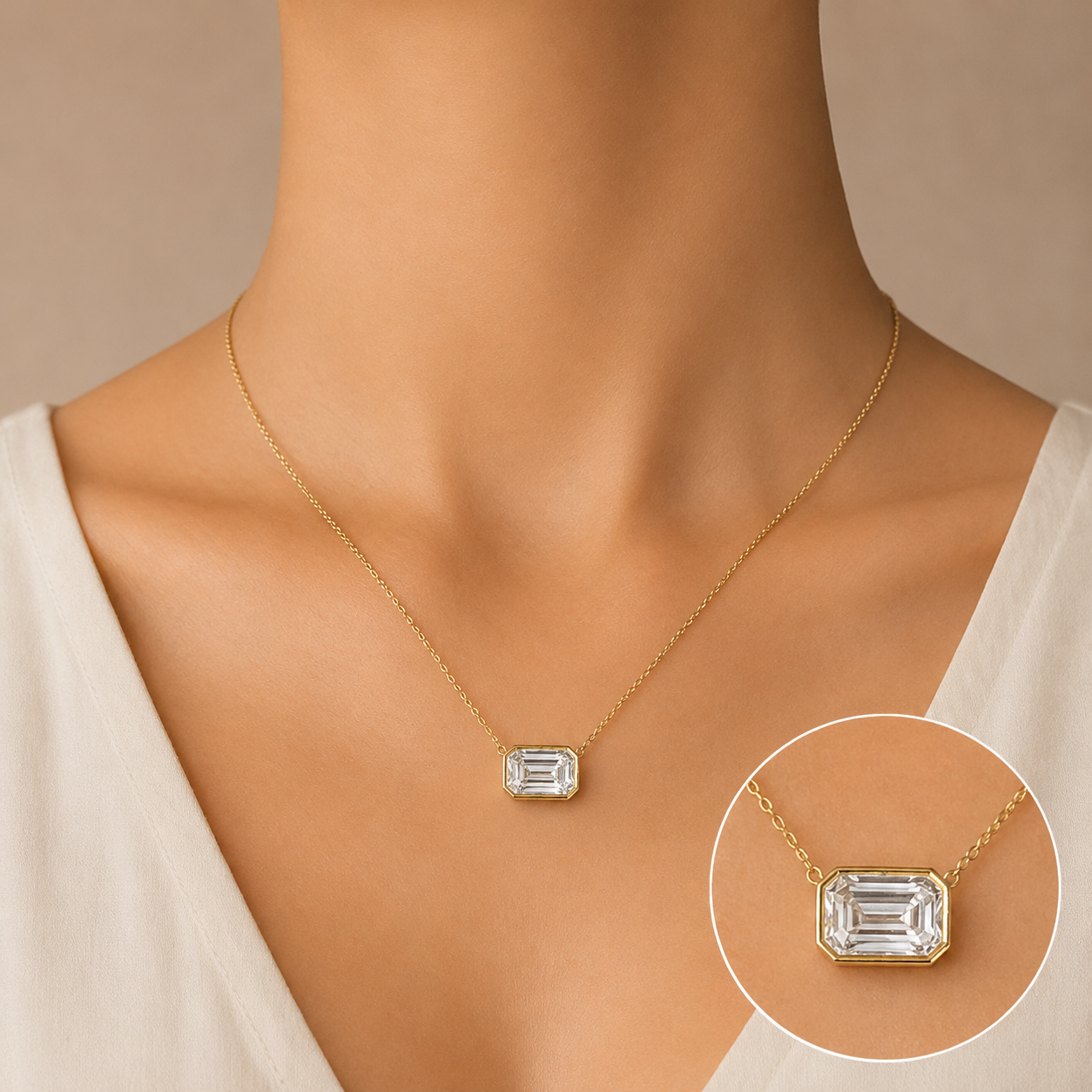 4.01 Ct Emerald Cut Diamond Necklace, Bezel Set Pendant Necklace, Solitaire Diamond Necklace