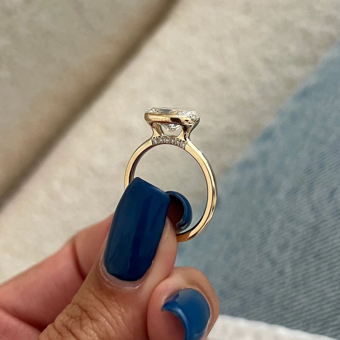East to West 3.09 CT Oval Engagement Ring in Half Bezel Set Engagement Solitaire Ring, Open Gallery Diamond Ring
