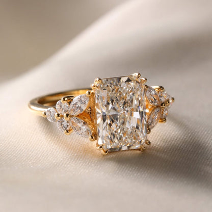 3.52 CT Radiant Cut Diamond Wedding Ring A Solid Gold Band Featuring Marquise And Round Side Stone A Floral Cluster Design Vintage Elegance