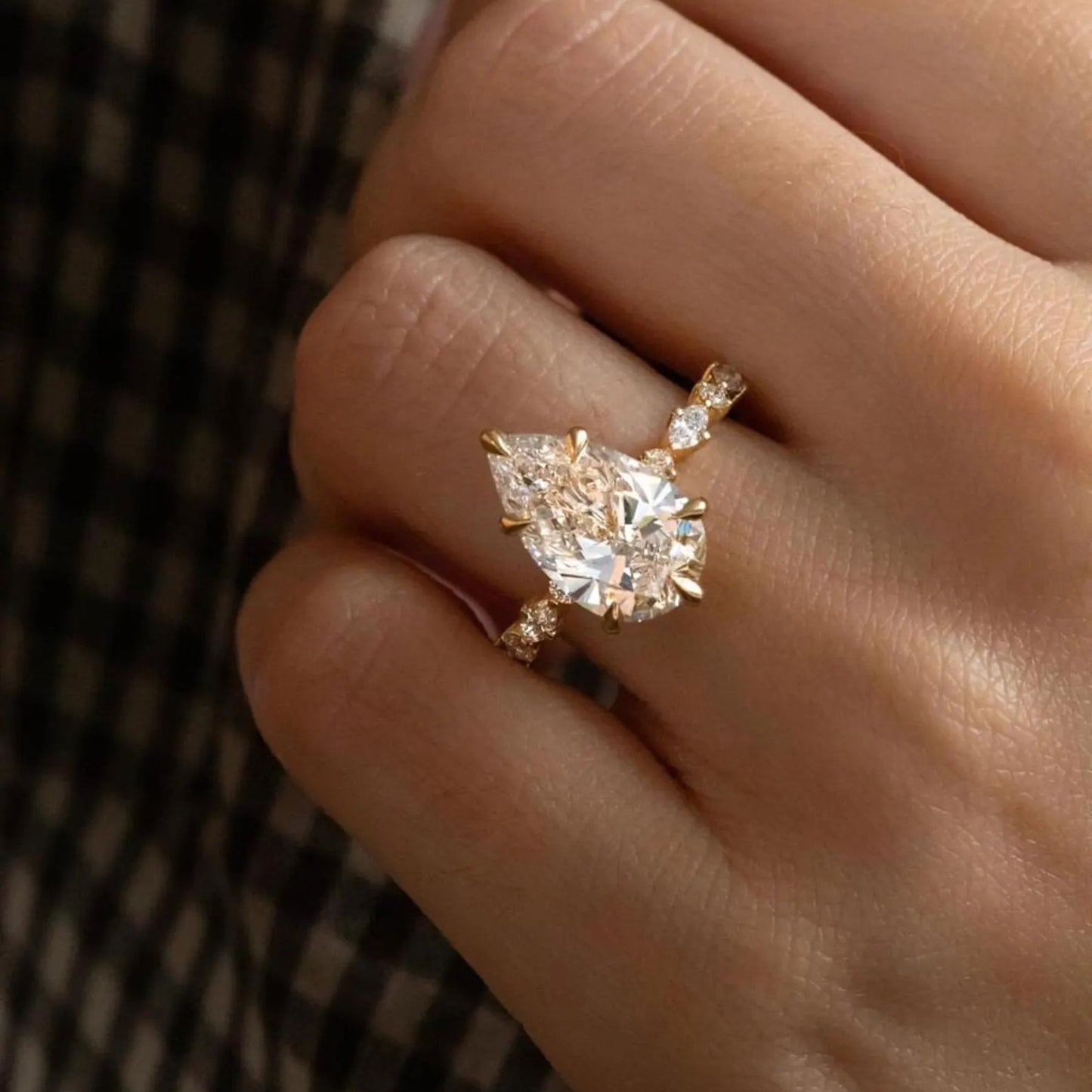 3 Carat Pear Shaped Engagement Ring | Side Stone Marquise & Round Pave Band | Unique Wedding Ring For Her