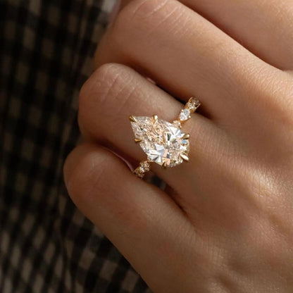 3 Carat Pear Shaped Engagement Ring | Side Stone Marquise & Round Pave Band | Unique Wedding Ring For Her
