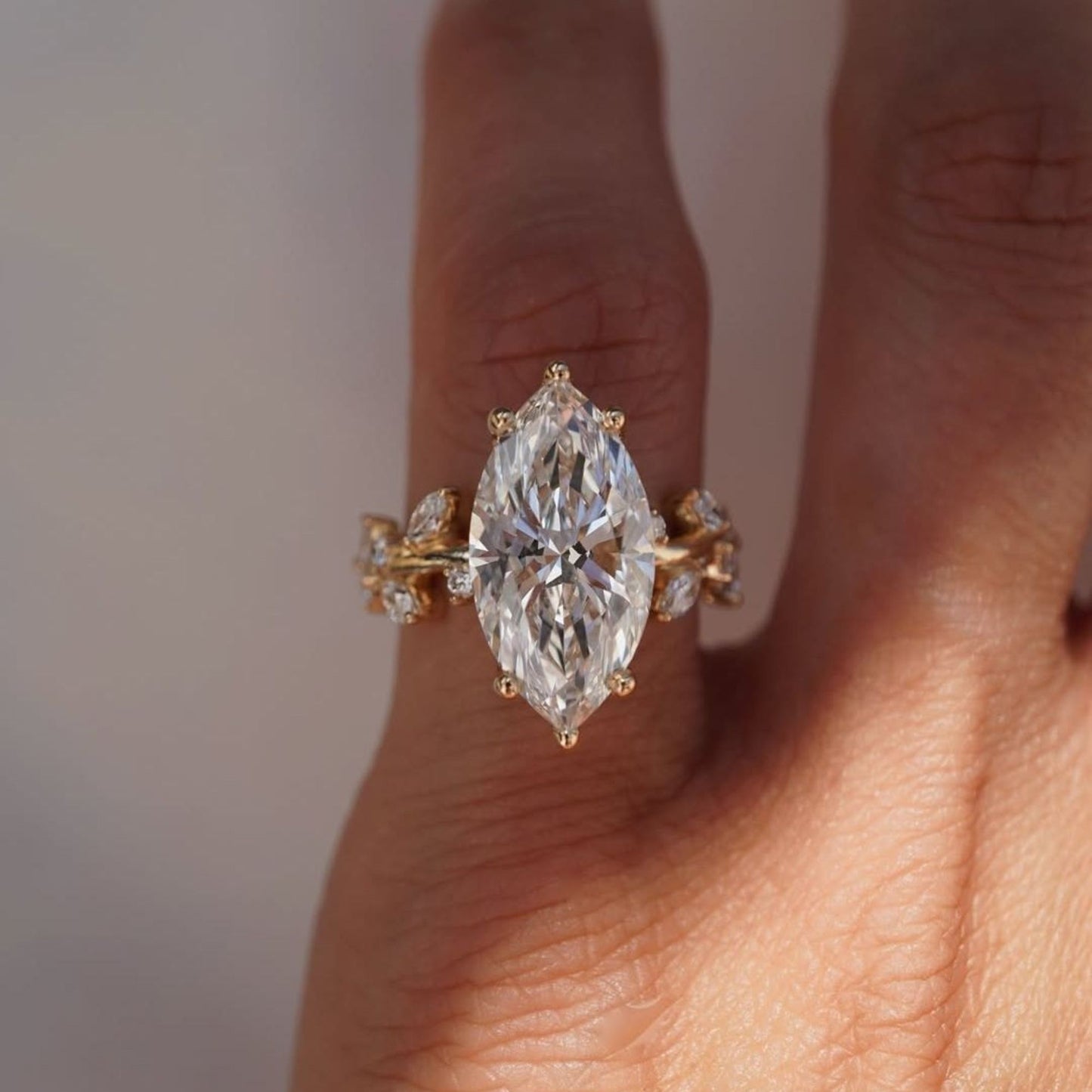 Floral Style 4.52 CT Marquise Cut Engagement Ring Leaf Vine Gold Band, Nature Inspired Marquise Solitaire Ring
