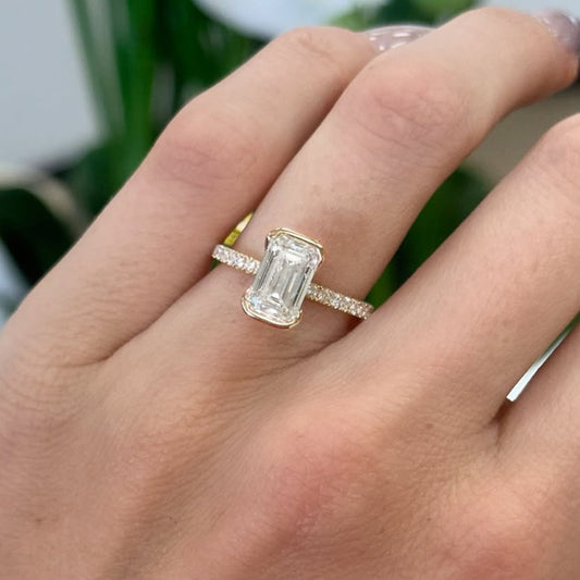 Emerald Cut Engagement Ring | Half Bezel Set Solitaire Ring | Thin Pave Band | Minimalist Wedding Ring Gift for Her