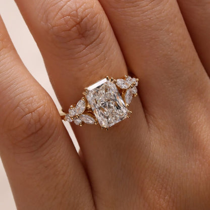 3.52 CT Radiant Cut Diamond Wedding Ring A Solid Gold Band Featuring Marquise And Round Side Stone A Floral Cluster Design Vintage Elegance