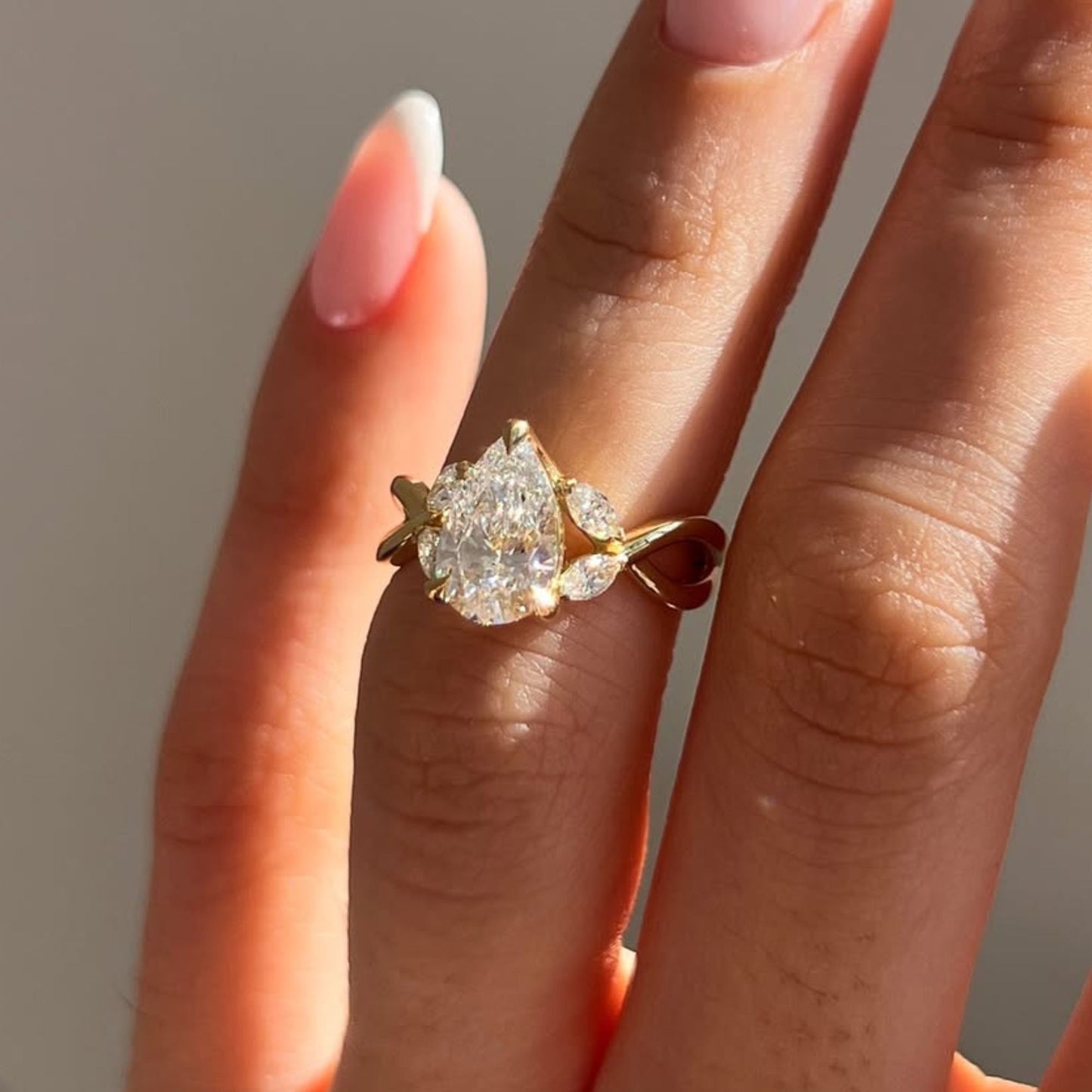 4.1 CT Pear Cut Engagement Ring, Infinity Twist Gold Ring