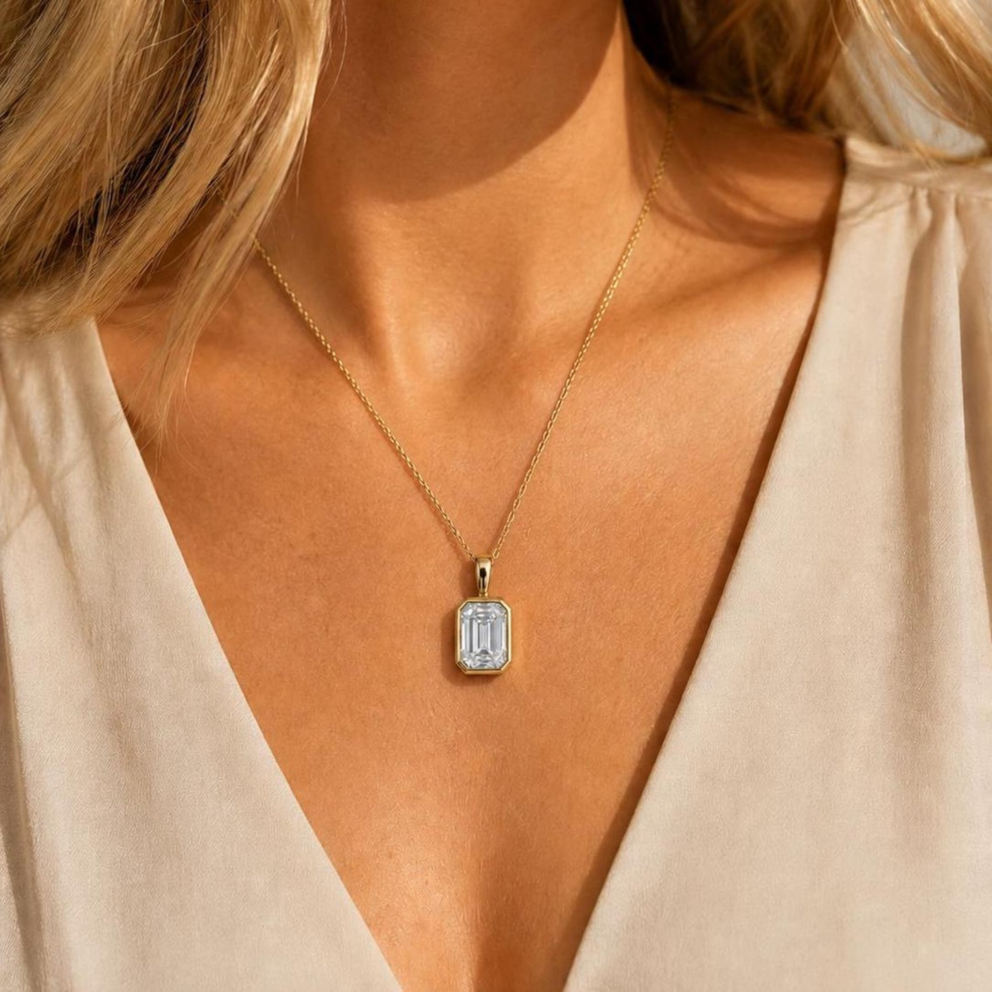 Emerald Cut Bezel Pendant Necklace