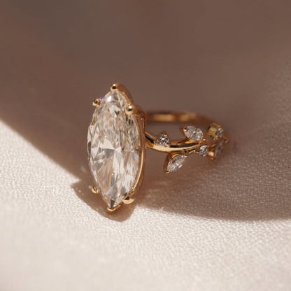 Floral Style 4.52 CT Marquise Cut Engagement Ring Leaf Vine Gold Band, Nature Inspired Marquise Solitaire Ring