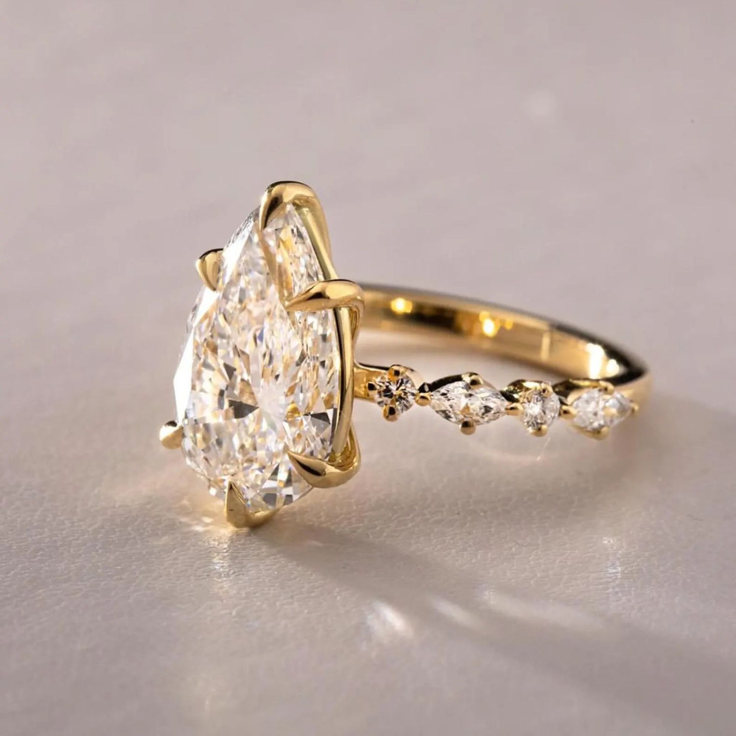 3 Carat Pear Shaped Engagement Ring | Side Stone Marquise & Round Pave Band | Unique Wedding Ring For Her