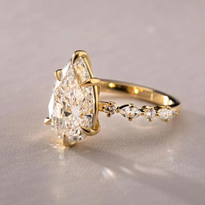 3 Carat Pear Shaped Engagement Ring | Side Stone Marquise & Round Pave Band | Unique Wedding Ring For Her