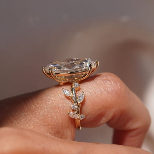 Floral Style 4.52 CT Marquise Cut Engagement Ring Leaf Vine Gold Band, Nature Inspired Marquise Solitaire Ring