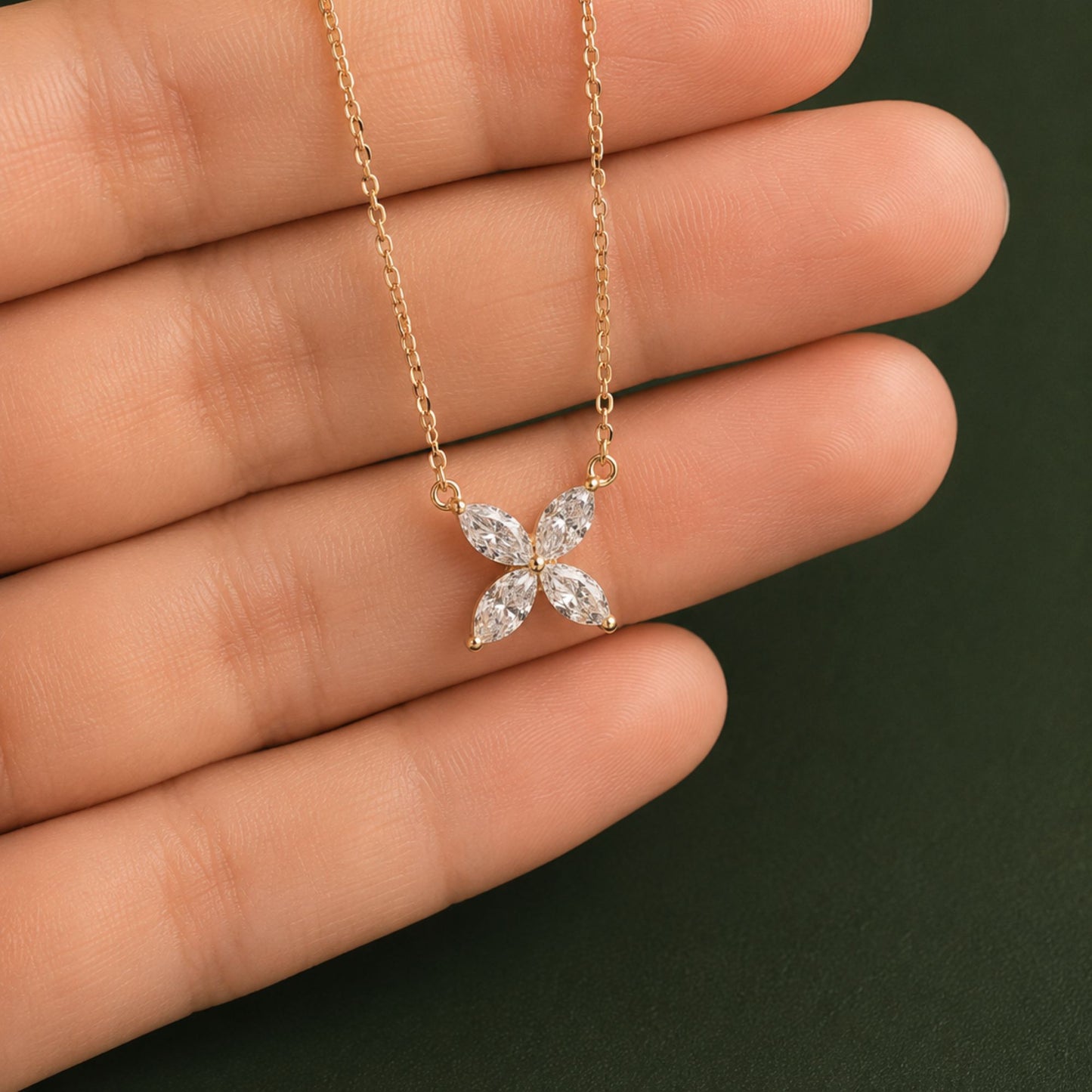 Marquise Cut Necklace, Flower Pendant Necklace, Floral Diamond Necklace, Gold Necklace, Bridesmaid Gift