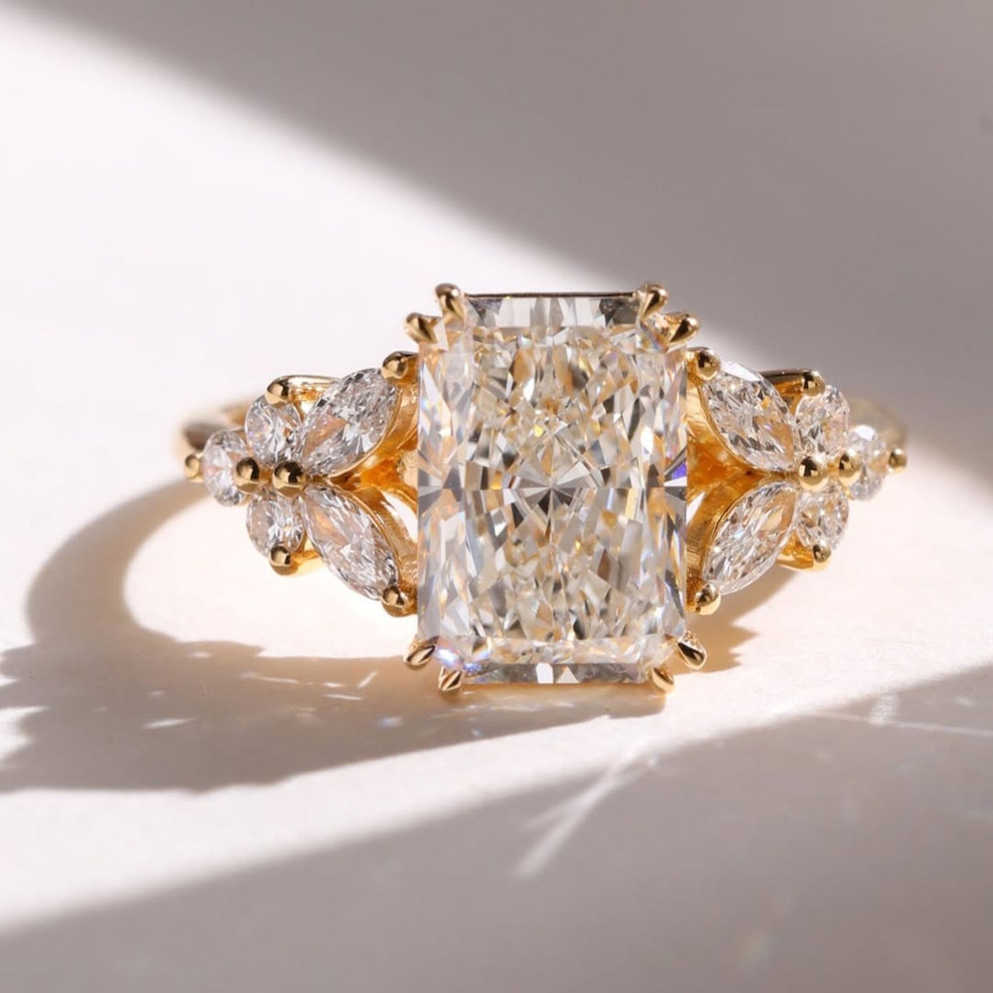 3.52 CT Radiant Cut Diamond Wedding Ring A Solid Gold Band Featuring Marquise And Round Side Stone A Floral Cluster Design Vintage Elegance