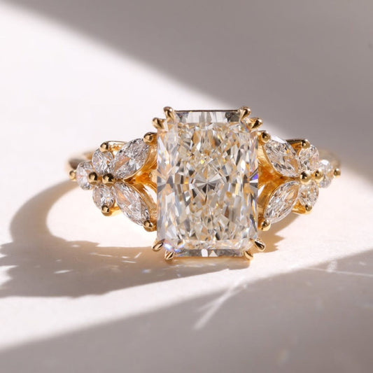 3.52 CT Radiant Cut Diamond Wedding Ring A Solid Gold Band Featuring Marquise And Round Side Stone A Floral Cluster Design Vintage Elegance