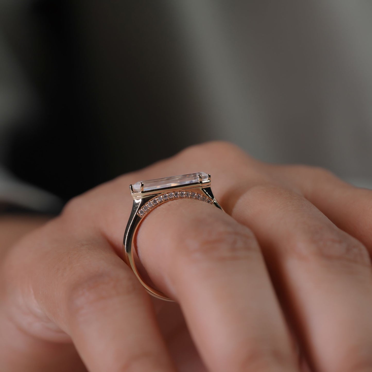 East to West Shield 2.12CT Baguette  Ring Unique Geometric Step Cut Statement Ring