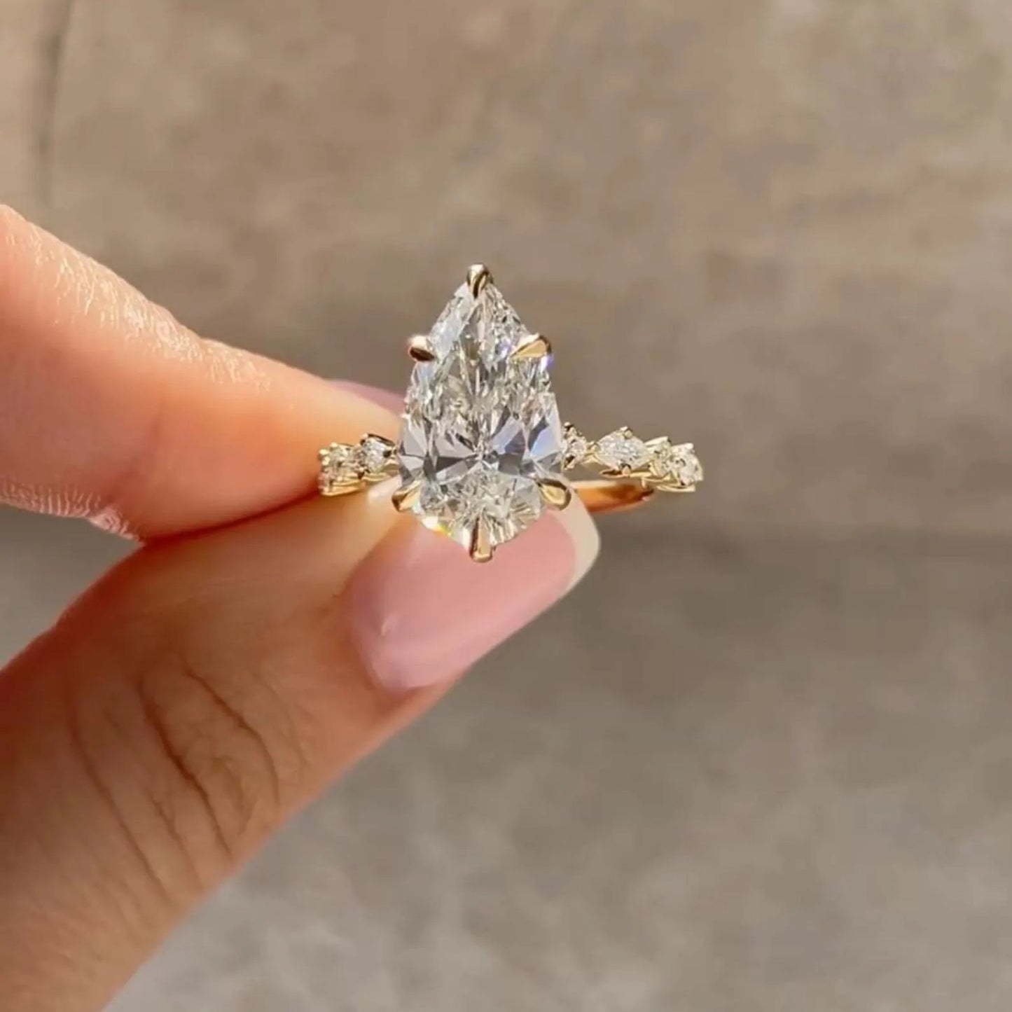 3 Carat Pear Shaped Engagement Ring | Side Stone Marquise & Round Pave Band | Unique Wedding Ring For Her
