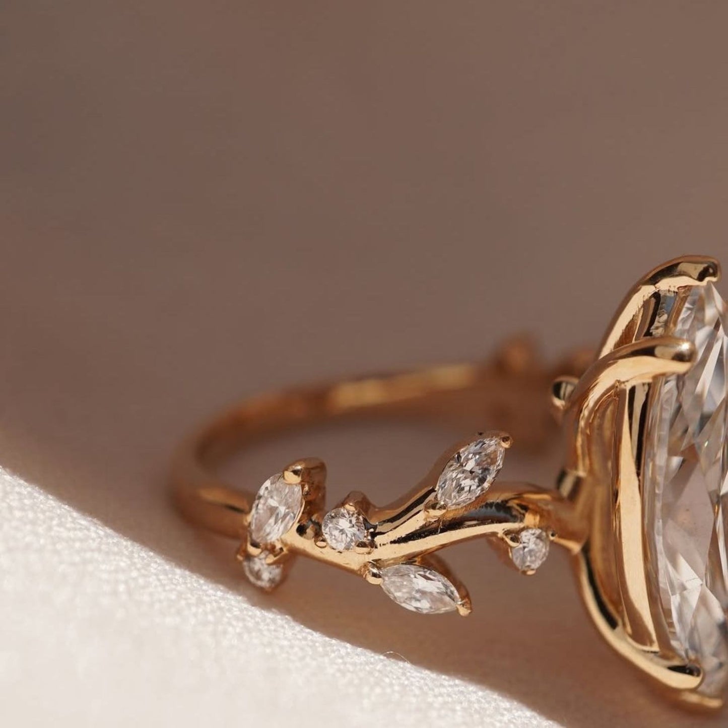 Floral Style 4.52 CT Marquise Cut Engagement Ring Leaf Vine Gold Band, Nature Inspired Marquise Solitaire Ring