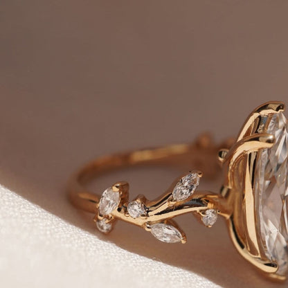 Floral Style 4.52 CT Marquise Cut Engagement Ring Leaf Vine Gold Band, Nature Inspired Marquise Solitaire Ring