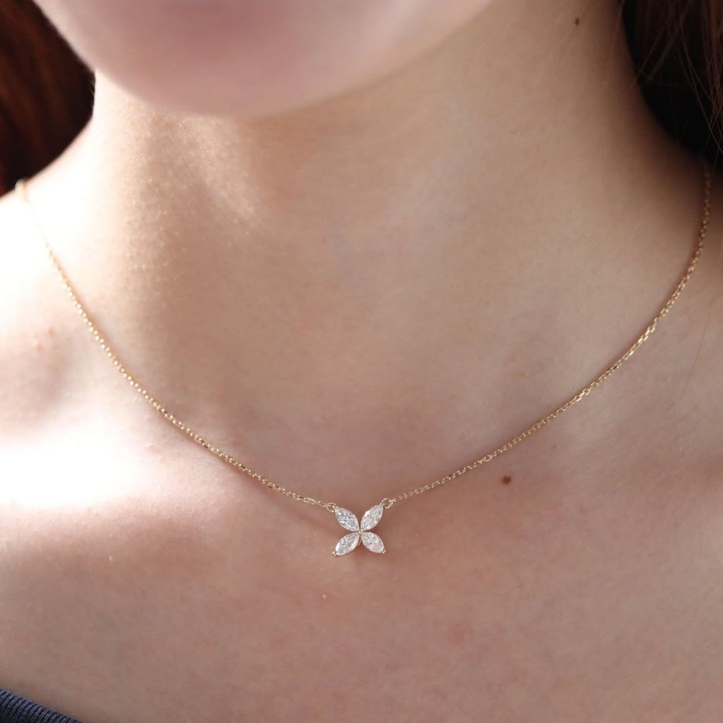 Marquise Cut Necklace, Flower Pendant Necklace, Floral Diamond Necklace, Gold Necklace, Bridesmaid Gift