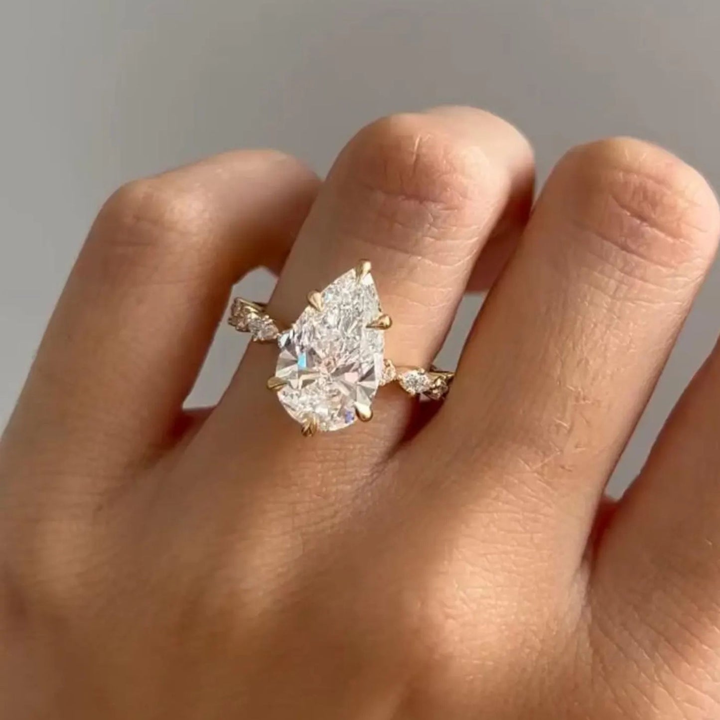3 Carat Pear Shaped Engagement Ring | Side Stone Marquise & Round Pave Band | Unique Wedding Ring For Her