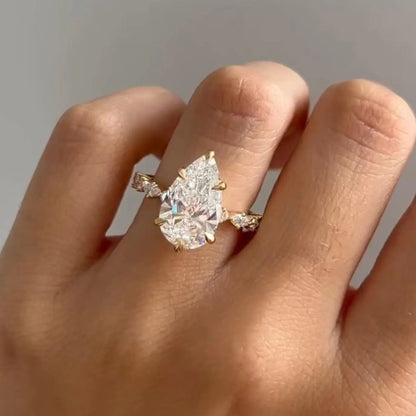3 Carat Pear Shaped Engagement Ring | Side Stone Marquise & Round Pave Band | Unique Wedding Ring For Her