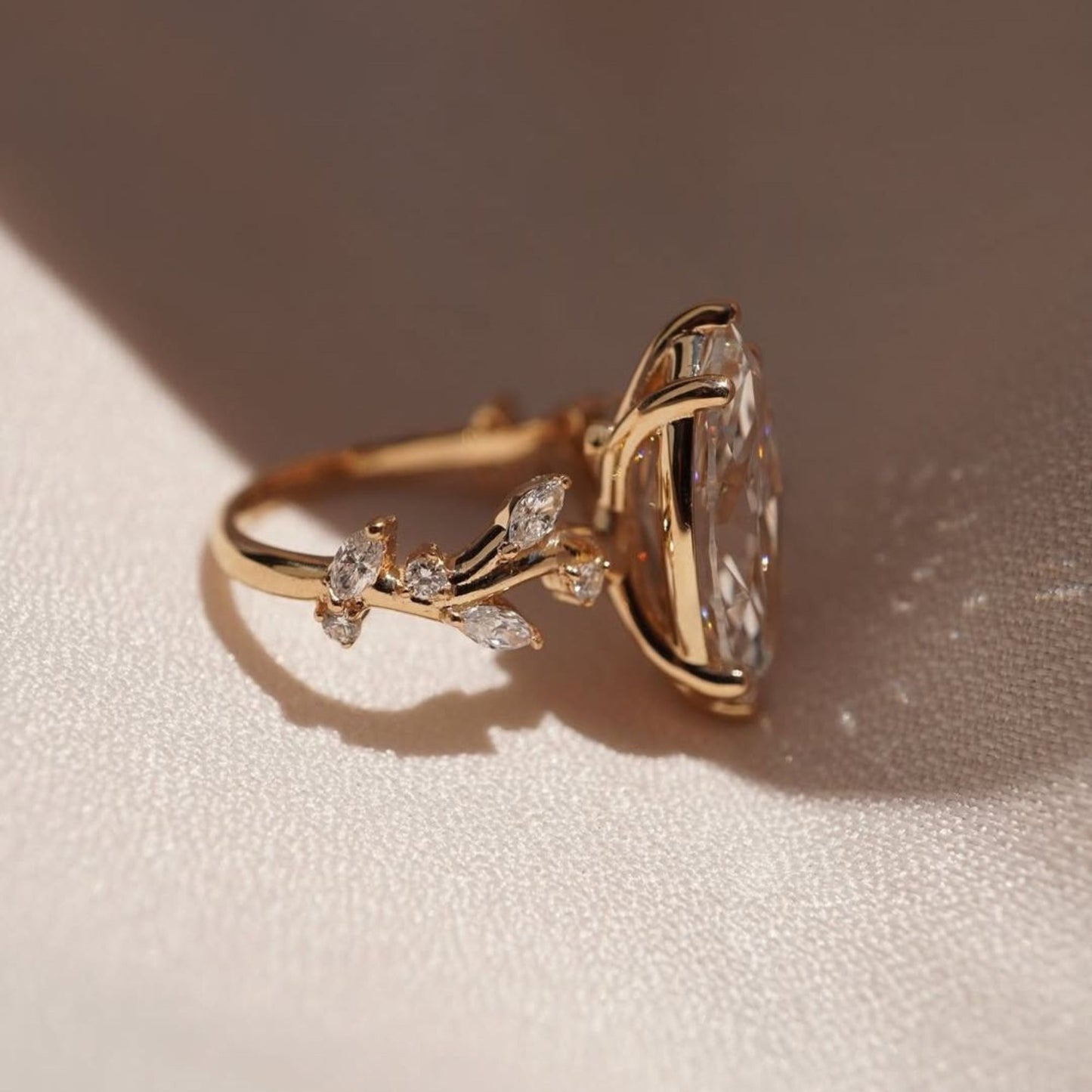 Floral Style 4.52 CT Marquise Cut Engagement Ring Leaf Vine Gold Band, Nature Inspired Marquise Solitaire Ring