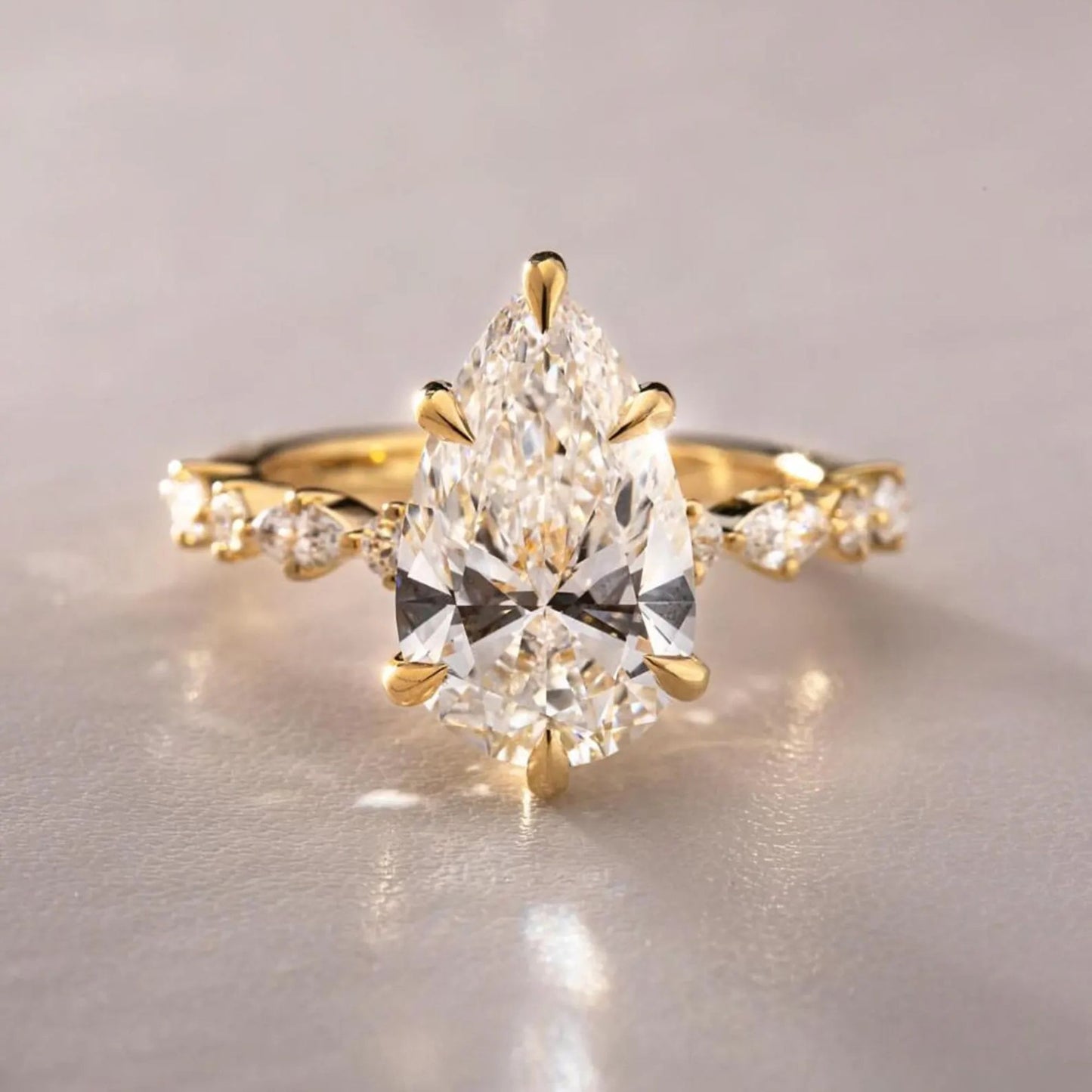 3 Carat Pear Shaped Engagement Ring | Side Stone Marquise & Round Pave Band | Unique Wedding Ring For Her