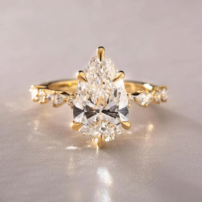 3 Carat Pear Shaped Engagement Ring | Side Stone Marquise & Round Pave Band | Unique Wedding Ring For Her