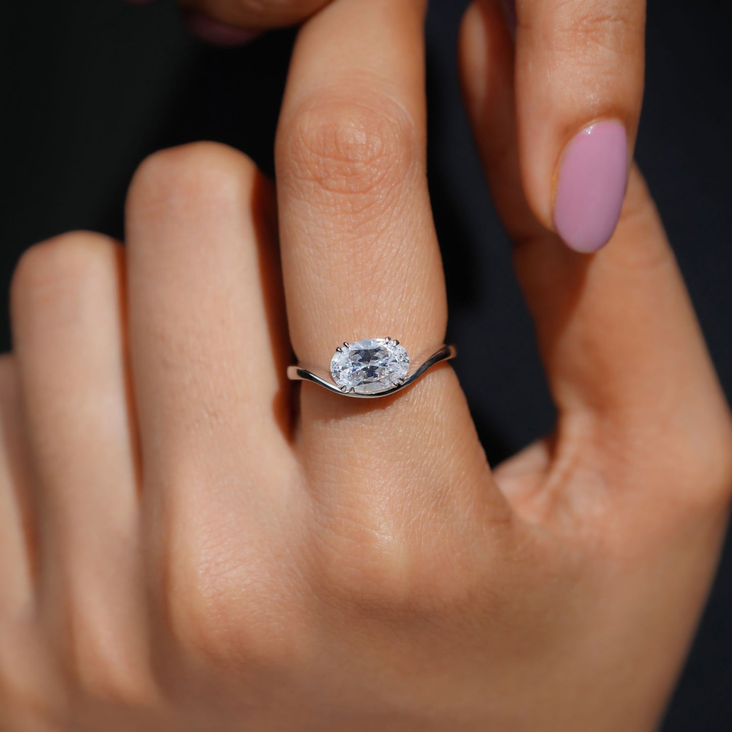 Pinky Finger Ring, East West Oval Diamond Ring 2.17 CT Double Prong Setting